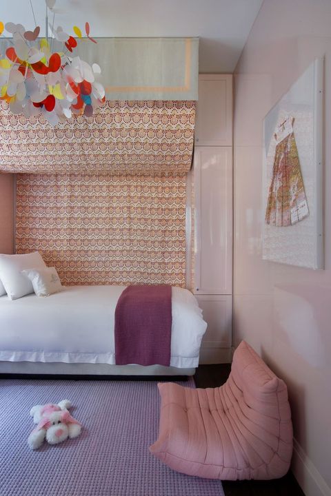 Room, Furniture, Bedroom, Pink, Interior design, Bed, Wall, Textile, House, Bed sheet, 