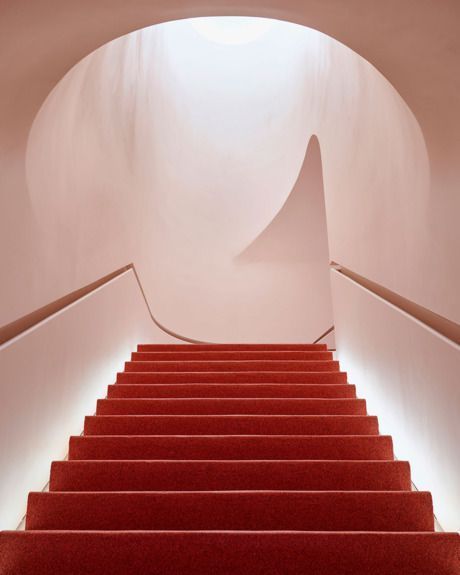 Stairs, Red, Architecture, Line, Handrail, Sky, Carpet, Wood, Arch, Interior design, 