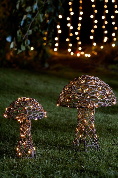 goblincore aesthetic, set of 2 rattan mushroom garden decoration figures, lights4fun