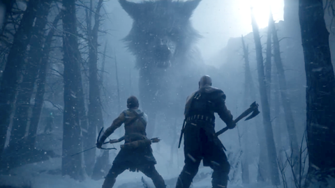 Le Dieu De La Guerre Ragnarok, Kratos Et Son Fils Atreus Affrontent Un Loup Géant Dans Une Forêt Enneigée