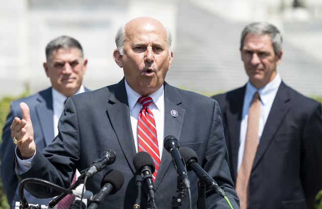 united states   june 14 rep louie gohmert, r texas, center, flanked by rep andrew clyde, r ga, left, and attorney ken cuccinelli, hold a news conference outside the capitol on monday, june 14, 2021, to announce their federal lawsuit challenging fines levied for bypassing the house floor magnotometers photo by bill clarkcq roll call, inc via getty images