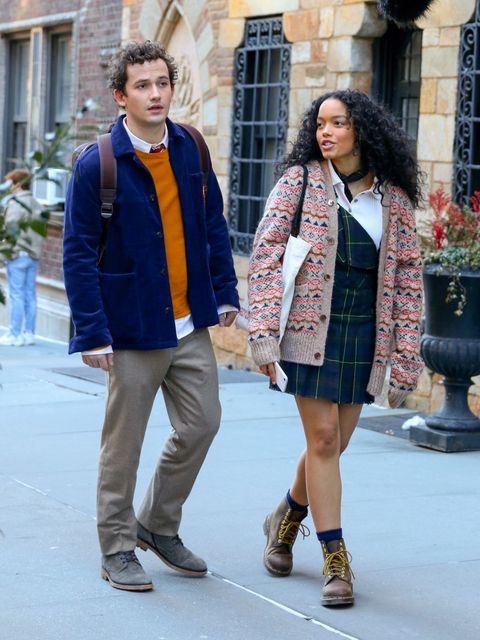 new york, ny   march 02 eli brown and whitney peak are seen at the film set of the gossip girl tv series on march 02, 2021 in new york city  photo by jose perezbauer griffingc images