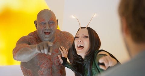 drax and mantis laugh on the set of guardians of the galaxy 2