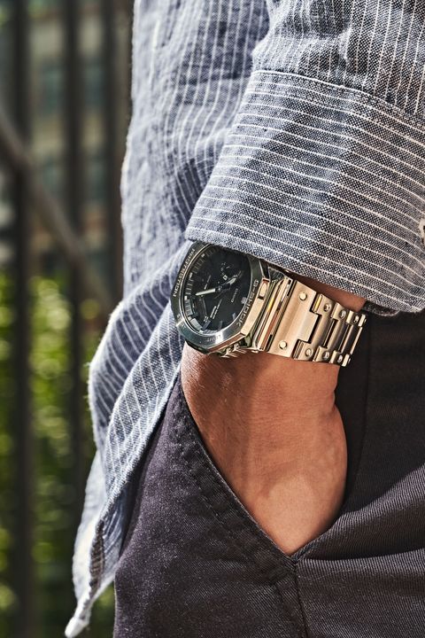 man wearing casio glashutte watch