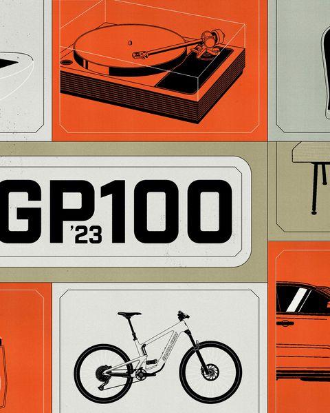 illustrations of a shoe, record player, alcohol bottle, bench, shirt, watch, bike, and truck with a headline that says gear patrol gp 100 23