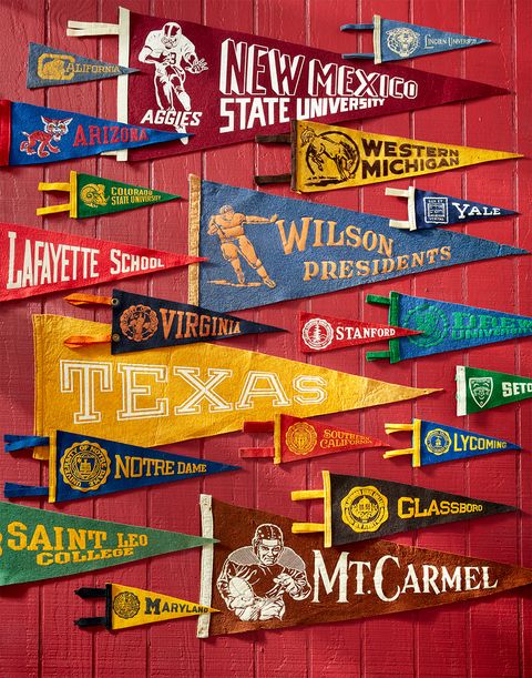 collection of vintage college pennants