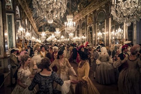 Grand Ball in the Hall of Mirrors, courtship party (Fete galante) with participants wearing Louis XIV period clothing, Palace of Versailles, France, historical re-enactment