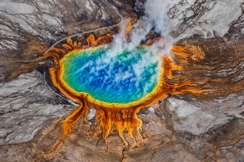 an aerial view of the incredible grand prismatic spring in wyoming, usas yellowstone national park