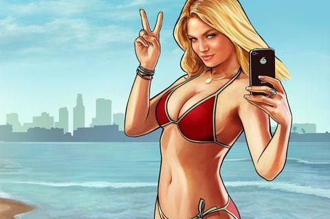 Grand Theft Auto V blonde woman in red bikini with phone