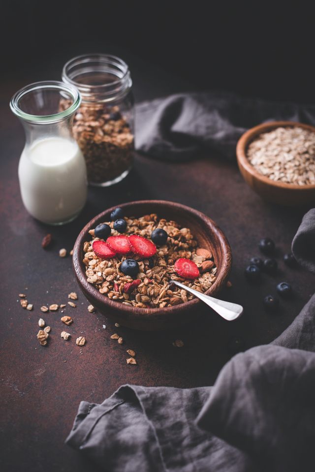 granola with fresh fruits and milk