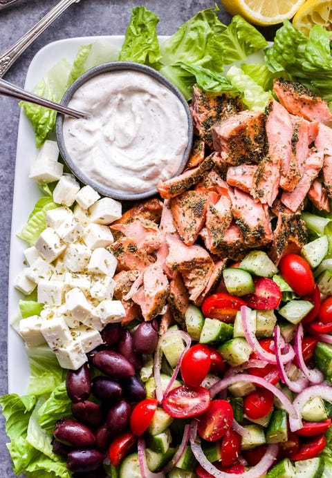 GREEK SALMON SALAD WITH TAHINI YOGURT DRESSING