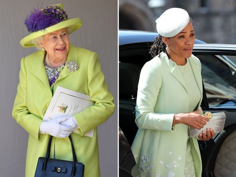 queen elizabeth ii and doria ragland are wearing soft shades of green