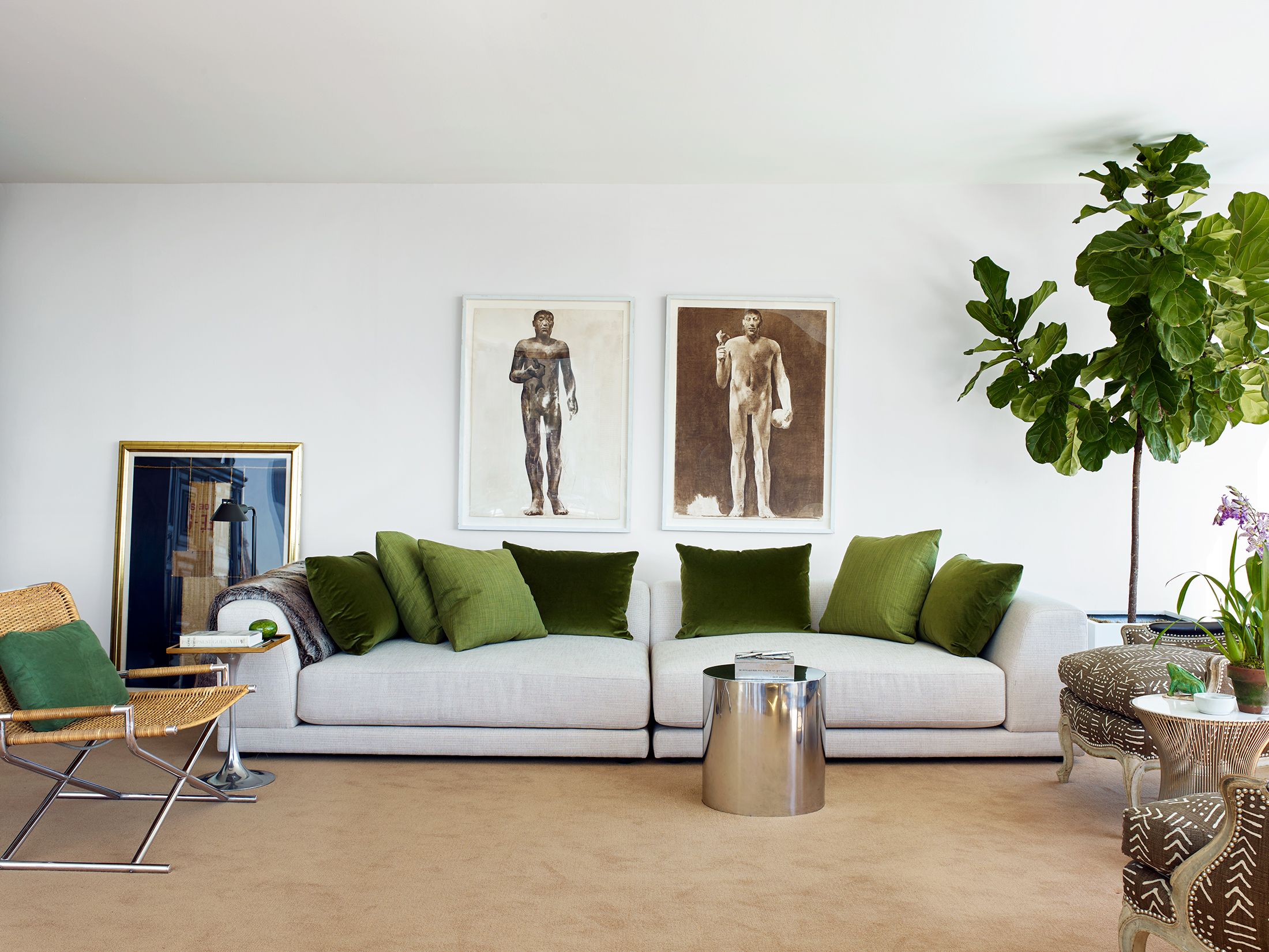 off white and green living room