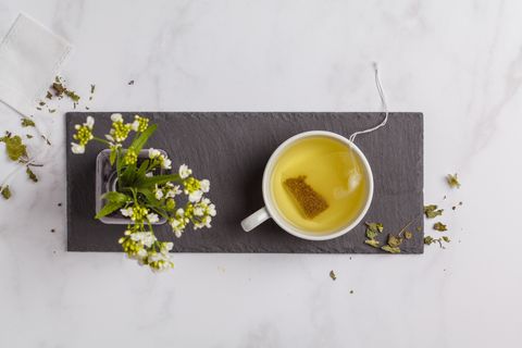 Green (herbal, white) tea in white cup on white background. Flat lay food