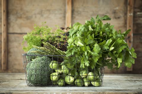 green vegetables and herbs in wire basket