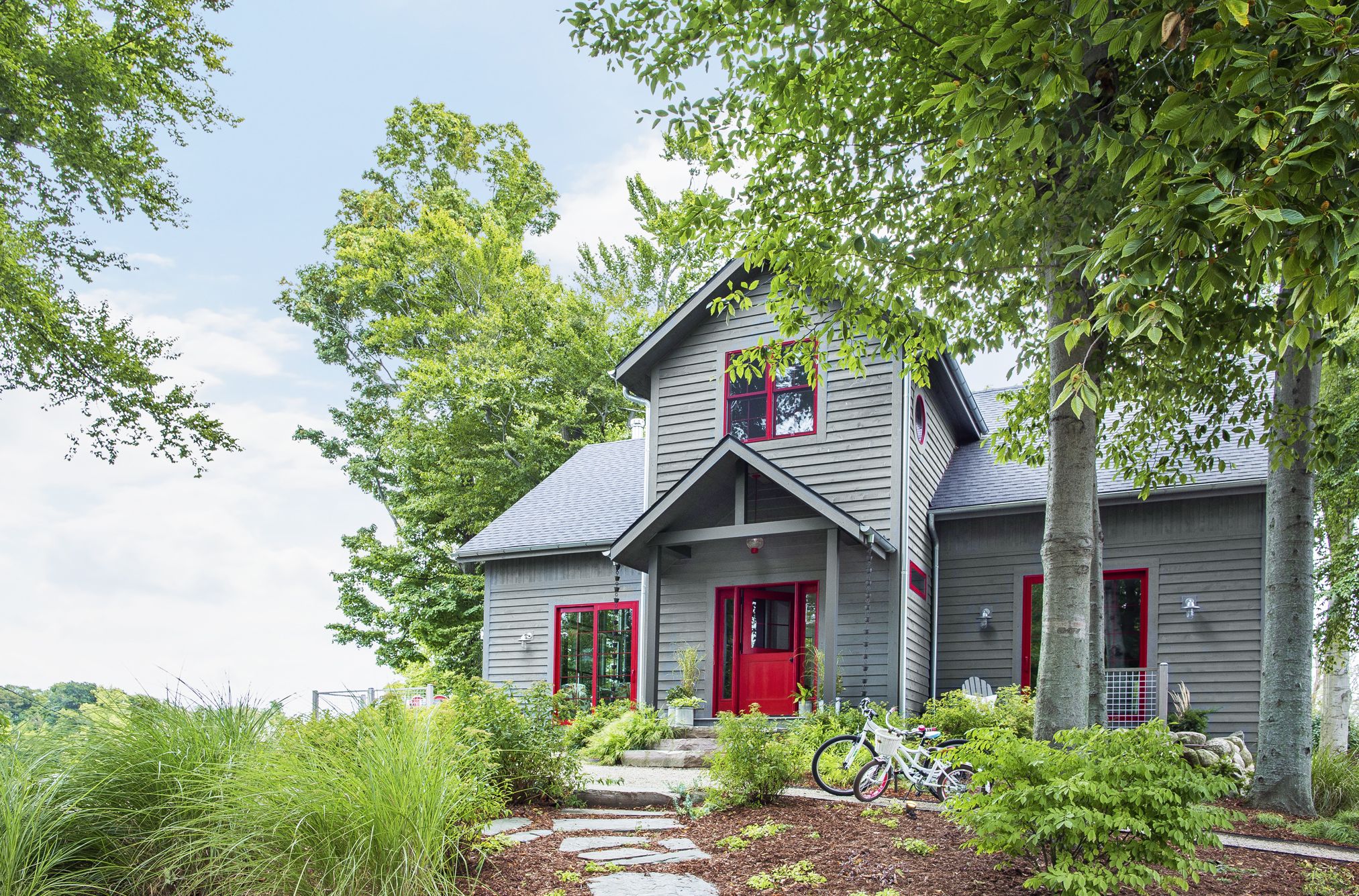 blue grey house red door