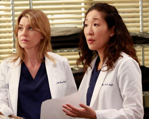 ellen pompeo as meredith grey, sandra oh as cristina yang, grey's anatomy