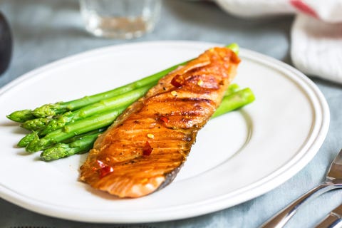 Grilled Chilli Salmon with steamed Asparagus