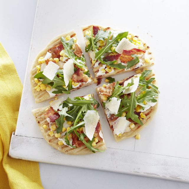 grilled corn and bacon pizzas with baby arugula