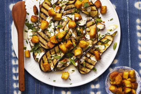 grilled eggplant with chickpea croutons