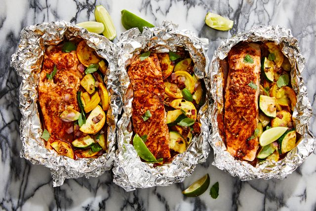 grilled honey chipotle salmon foil packs with summer squash
