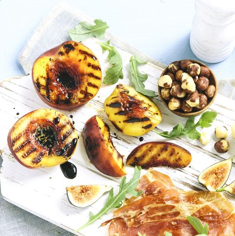 Grilled peaches with proscuitto, figs, hazelnuts, blue cheese and arugula