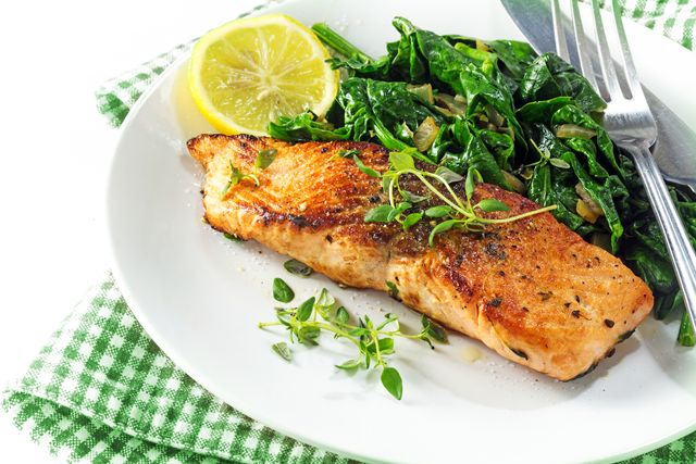 grilled salmon with thyme, lemon and spinach, vegetarian food