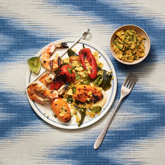 grilled shrimp with charred peppers with queso blanco