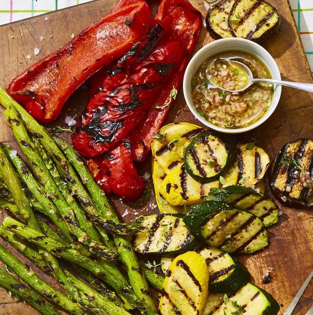 grilled zucchini, yellow squash, asparagus and red pepers with honey thyme vinaigrette