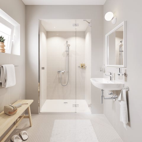 grohe bathroom featuring bauloop single lever shower mixer and grohe tempesta 100 rail set