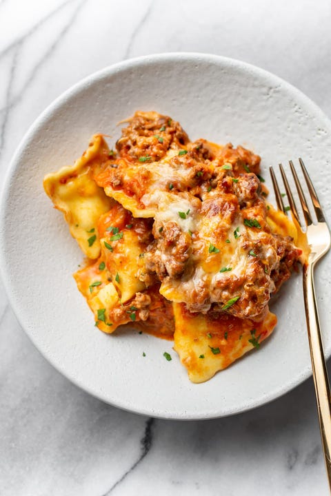 ground beef casserole recipes baked ravioli on white plate