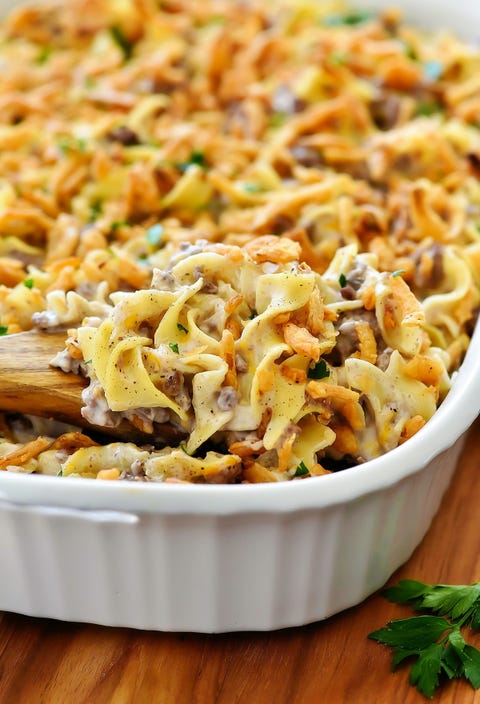 french onion beef casserole in white casserole dish