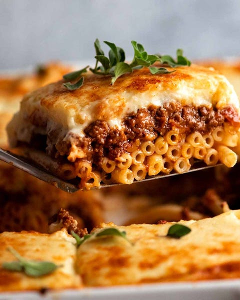 ground beef greek pasta bake on spatula