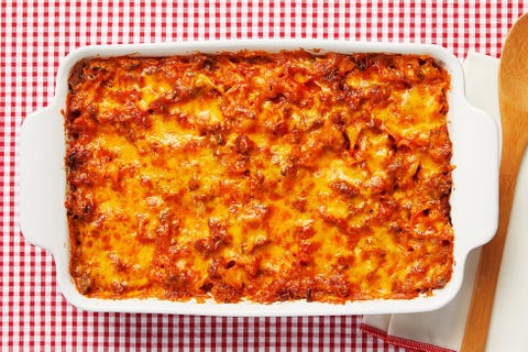 sour cream noodle bake on red checkered background