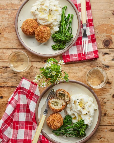 chicken kiev meatballs with mashed potatoes and roasted broccolini