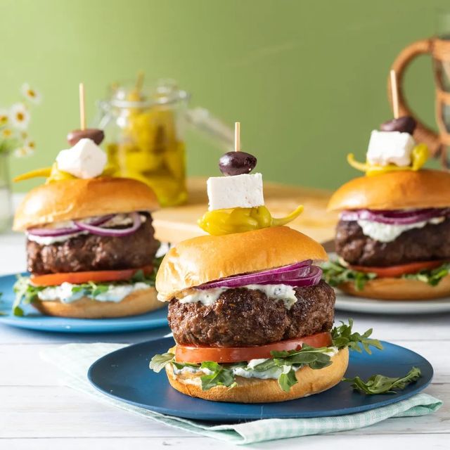 lamb burger with feta and olive on toothpick