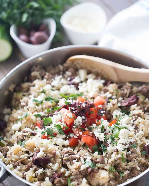 greek gyro skillet with rice tomatoes and olives