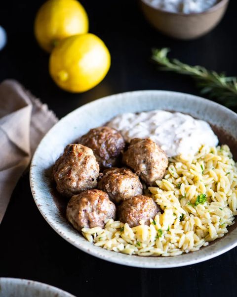 lamb meatballs with buttery lemon orzo in bowl