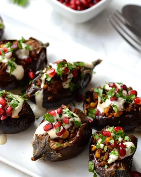 middle eastern stuffed eggplant with pomegranate seeds
