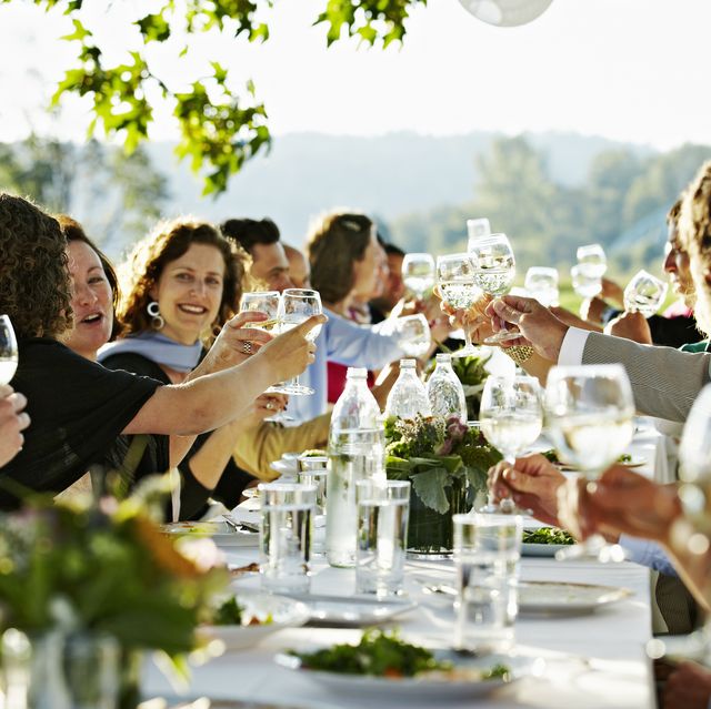 group of people toasting at table outside in field