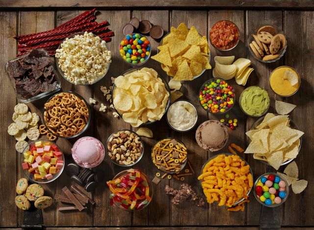 group of sweet and salty snacks perfect for binge watching