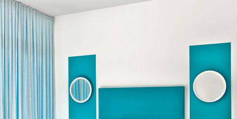 Bedroom, Room, Blue, Turquoise, Green, Aqua, Interior design, Bed, Furniture, Wall, 