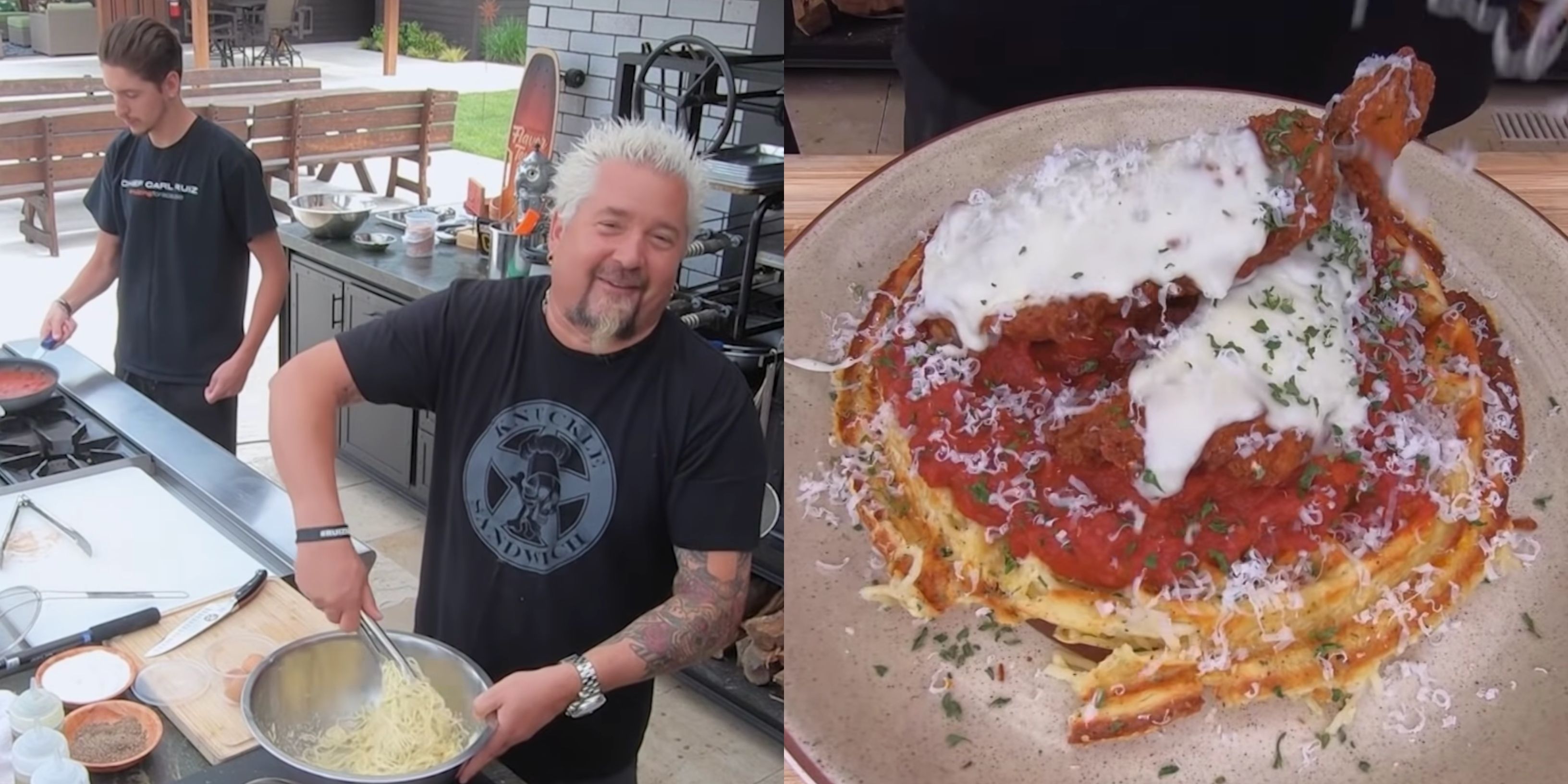 Guy Fieri Made A Spaghetti Waffle Topped With Chicken Parm