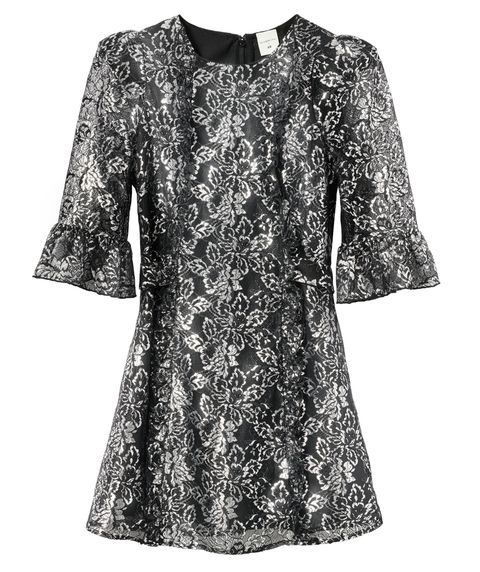 product flat lay of black and silver mini dress with mid length sleeves and ruffled sleeve hem