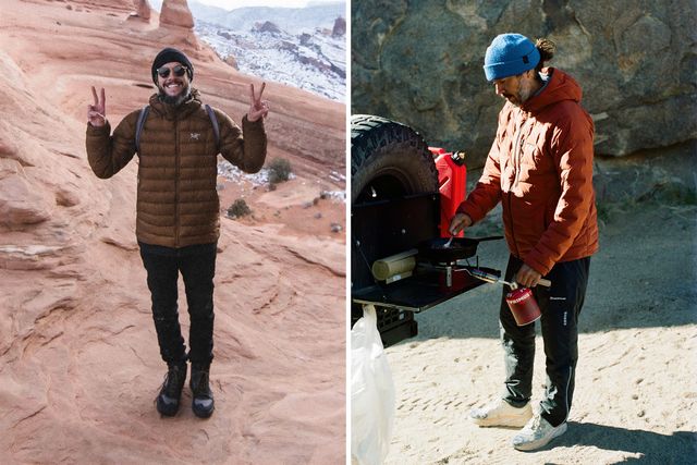 collage of two men wearing hooded jackets while exploring outside