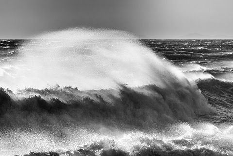 Wave, Wind wave, Water, Sea, Ocean, Tide, Sky, Black-and-white, Shore, Coast, 