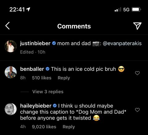 hailey and justin's instagram exchange