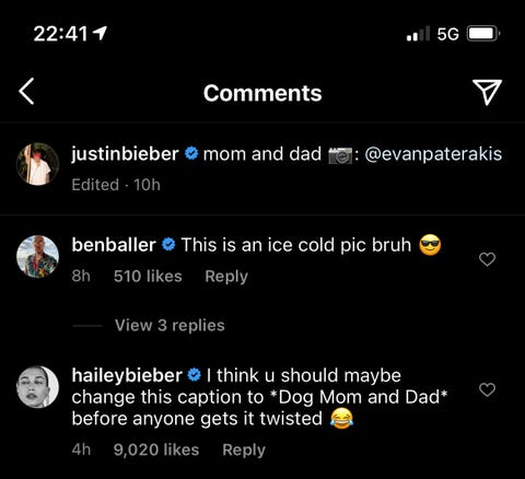 hailey and justin's instagram exchange