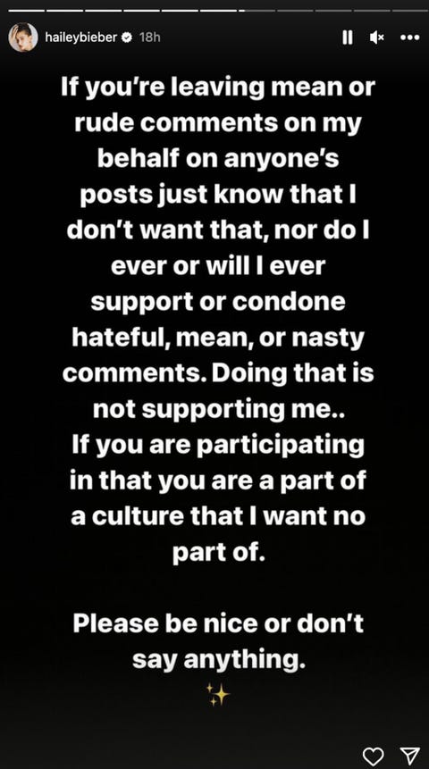 Message shared by Hailey Bieber on IG