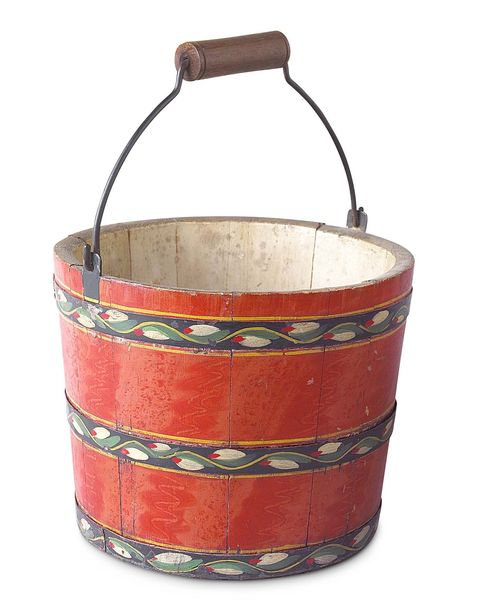 red 19th century lehnware bucket with bands of floral and geometric motif encircling the top, middle and bottom